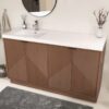 60 Inch Walnut Geometric Fluted Single Sink Floating Bathroom Vanity with Solid White Quartz Top