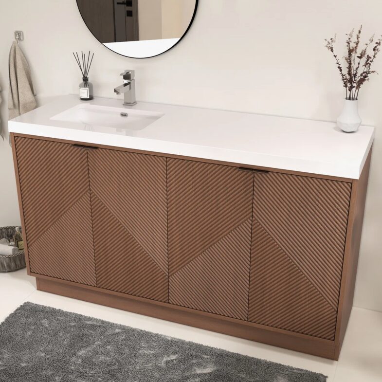 60 Inch Walnut Geometric Fluted Single Sink Floating Bathroom Vanity with Solid White Quartz Top