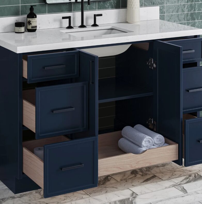 Modern Navy Bathroom Vanity Cabinet with Black Pulls & Spacious Soft-Close Storage