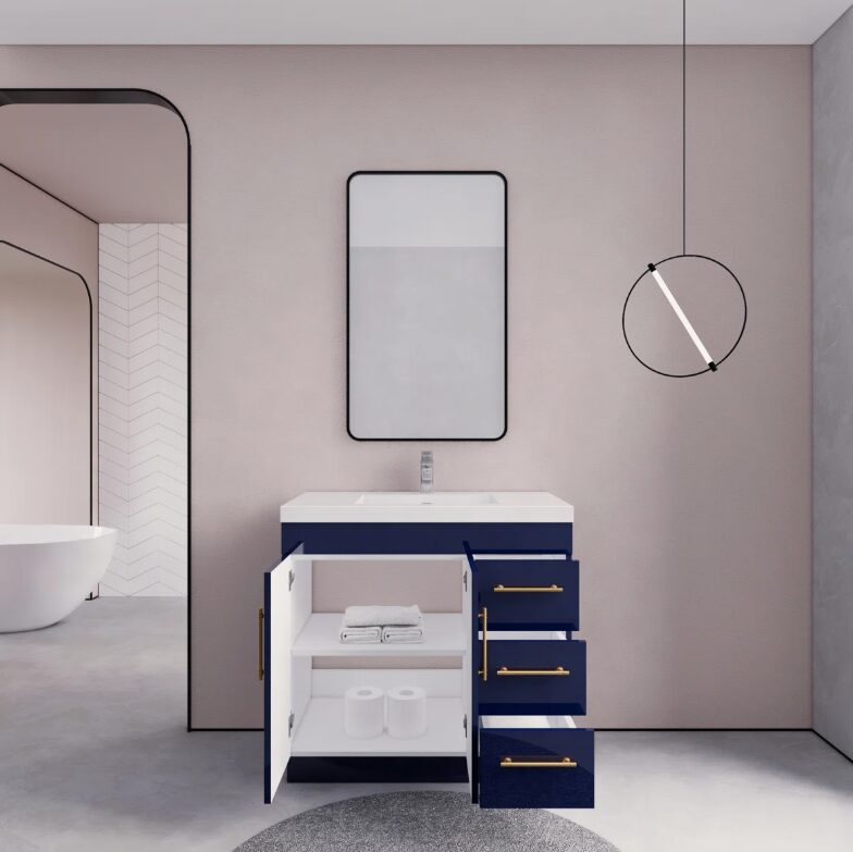 Luxury Gloss Navy Bathroom Vanity with Split Storage Zones & Soft-Close System
