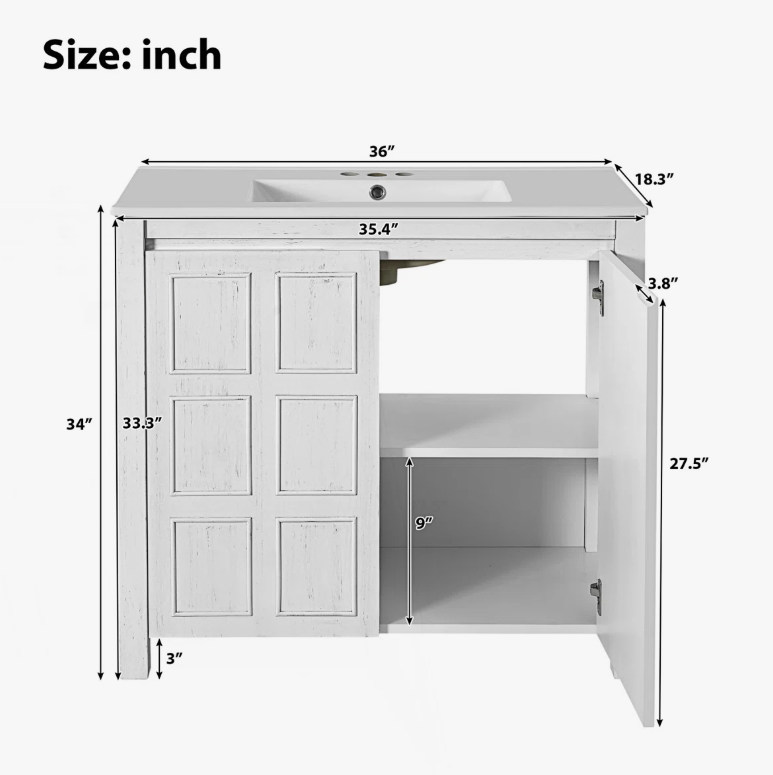 10 36" Rustic White Shaker Bathroom Vanity Cabinet with Vintage Distressed Wood Finish