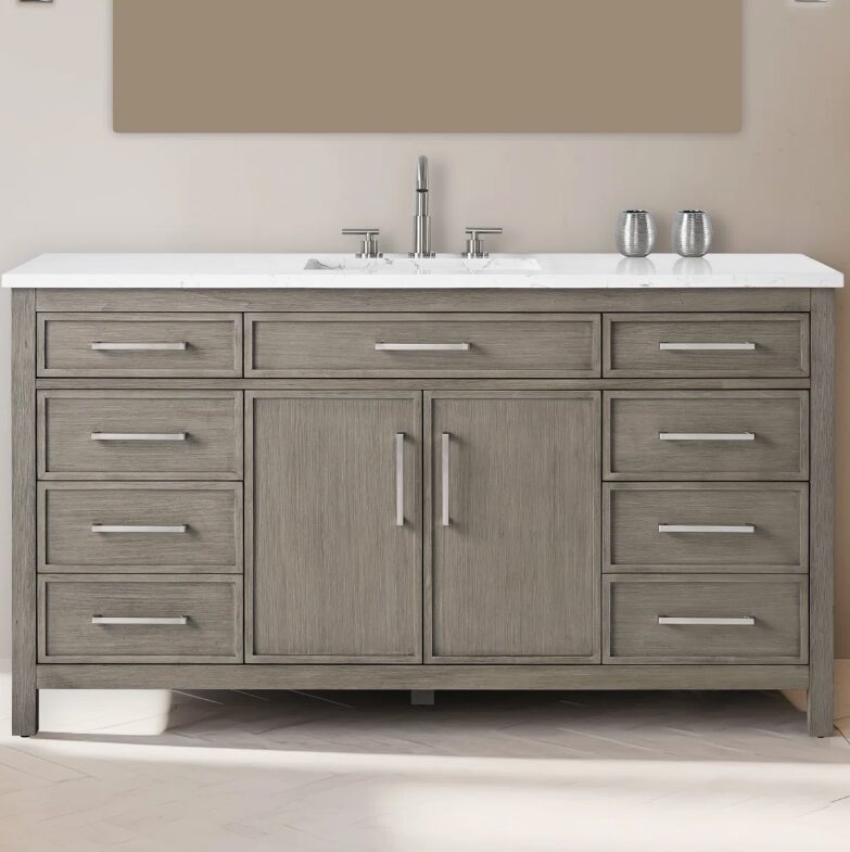 60 Inch Weathered Grey Single Sink Bathroom Vanity, White Marble Countertop & Brushed Nickel Hardware