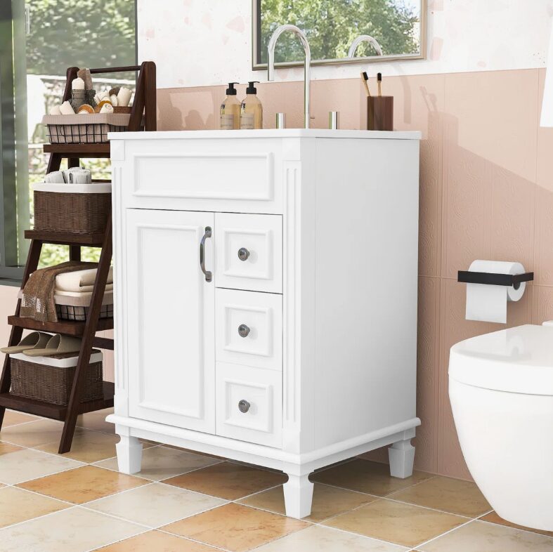 Classic White Bathroom Vanity with Soft Close Drawers Multi-Zone Storage & Decorative Wood Legs