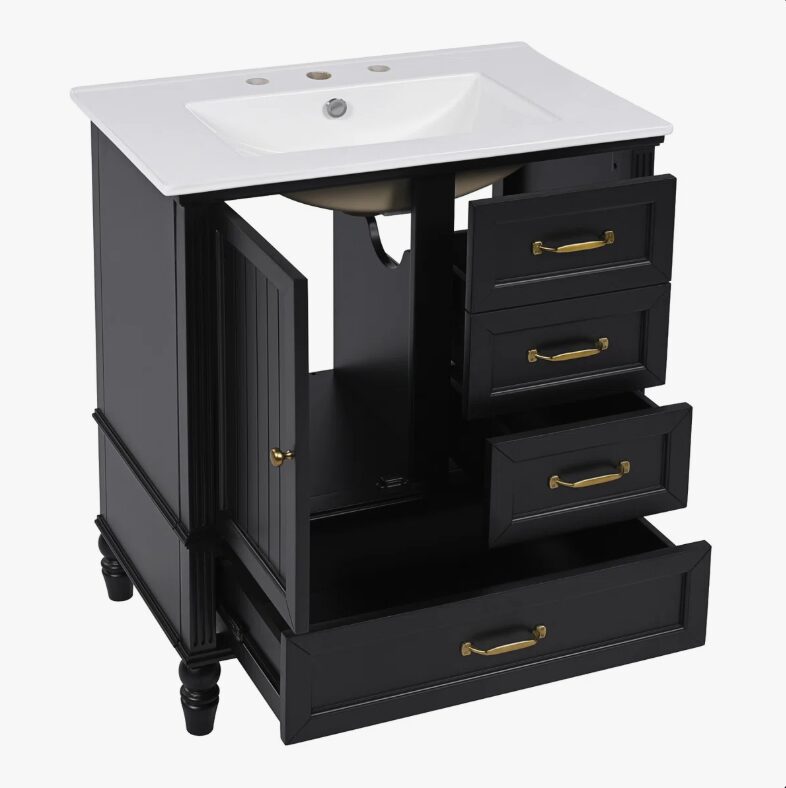 10 Vintage Traditional Black Bathroom Vanity Soft Close Drawers Large Split Storage Layout