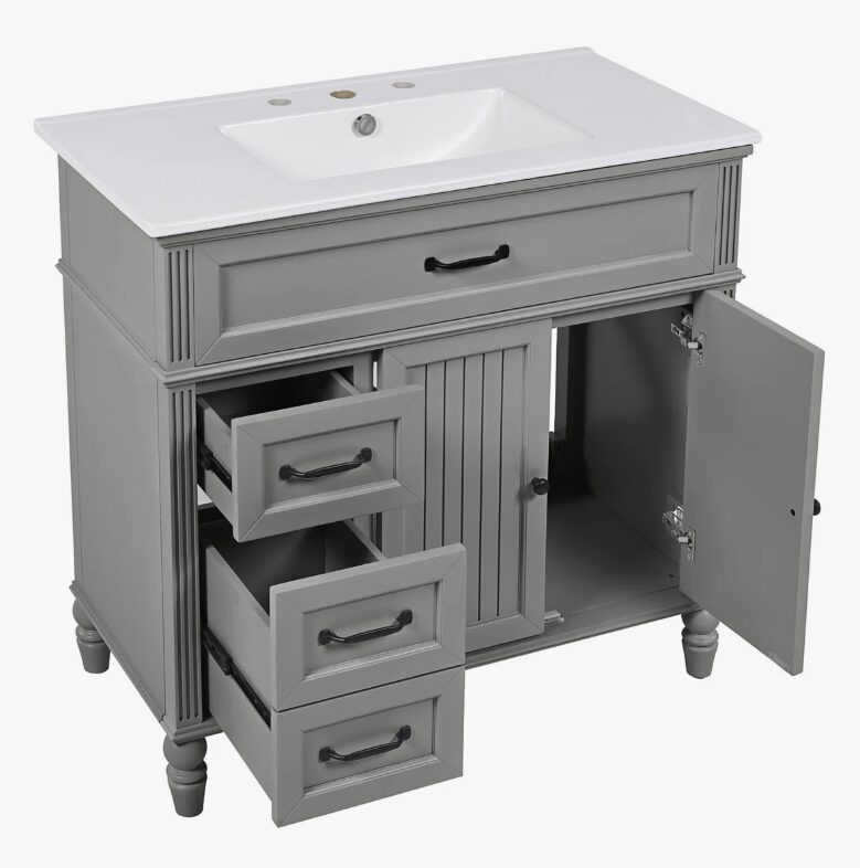 10 Cottage Style Grey Beadboard Bathroom Vanity Soft Close Drawers Split Organized Storage Layout