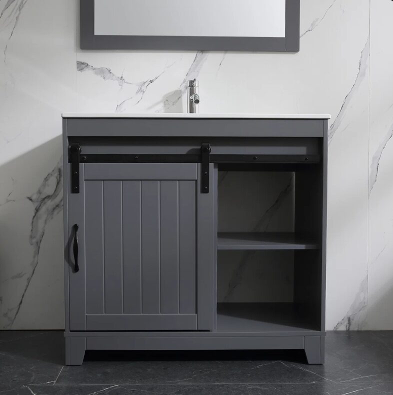 10 Rustic Farmhouse Grey Sliding Barn Door Vanity Spacious Dual Storage Design
