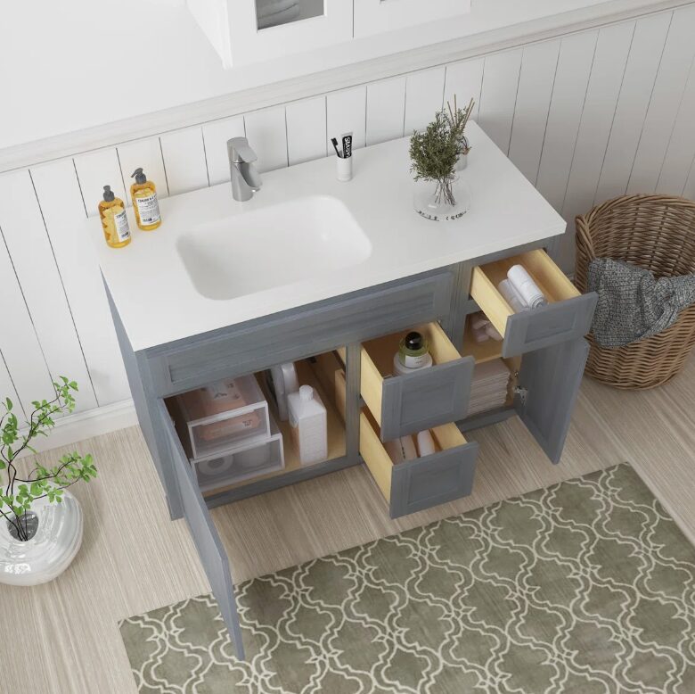Neutral Grey Wood Shaker Vanity Base with Multi-Zone Storage for Bath Remodel