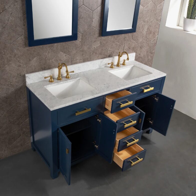10 60 Inch Navy Blue Shaker Double Sink Bathroom Vanity, Carrara White Marble Top & Brushed Gold Hardware