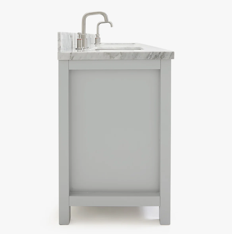 72 Inch Light Gray Shaker Double Sink Bathroom Vanity, Carrara White Marble Countertop & Brushed Nickel Hardware