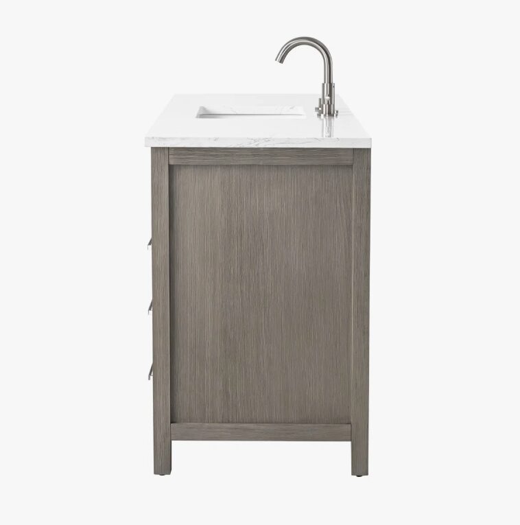 60 Inch Weathered Grey Single Sink Bathroom Vanity, White Marble Countertop & Brushed Nickel Hardware