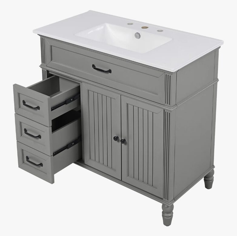 11 Cottage Style Grey Beadboard Bathroom Vanity Soft Close Drawers Split Organized Storage Layout