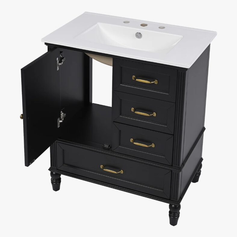 11 Vintage Traditional Black Bathroom Vanity Soft Close Drawers Large Split Storage Layout