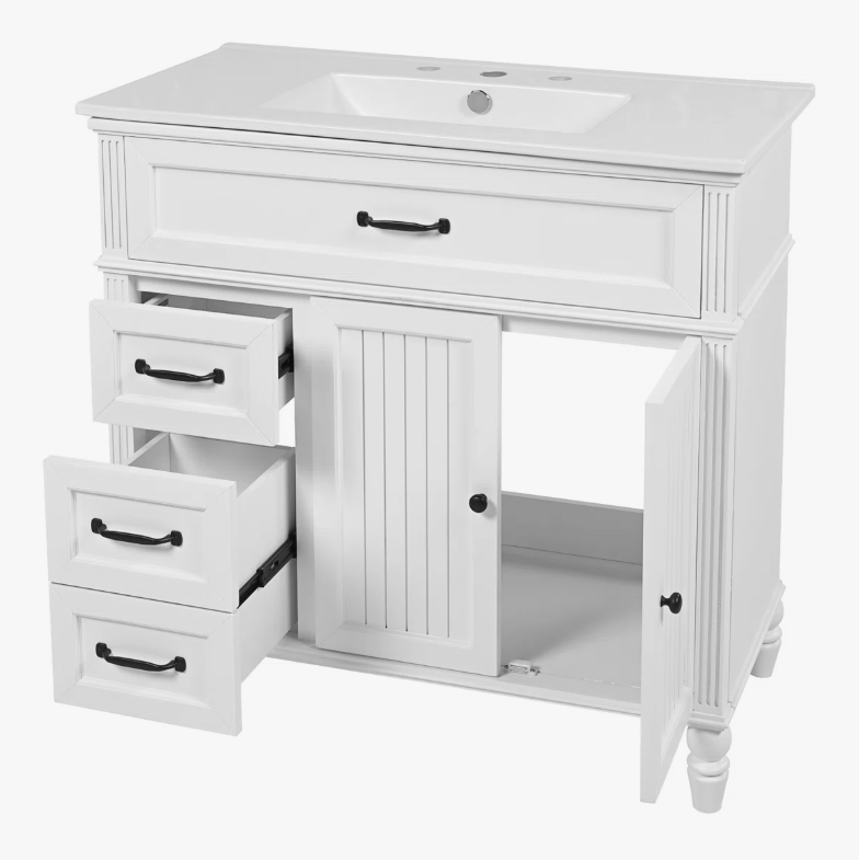 11 36" Freestanding White Farmhouse Bathroom Vanity with Multi-Drawer & Double Cabinet Doors