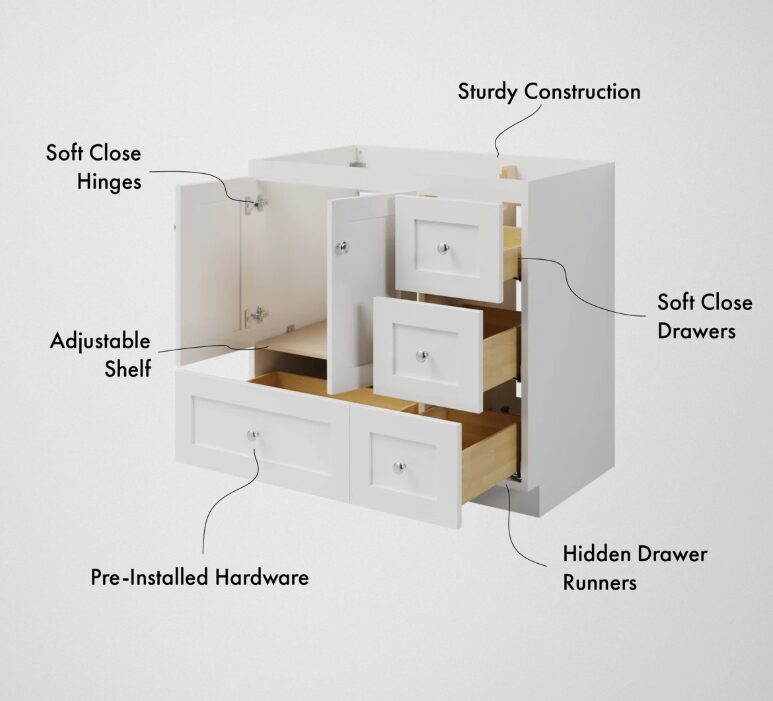 11 Clean White Shaker Vanity Base Cabinet with Full Soft-Close Storage for Coastal & Farmhouse Bath Renovation