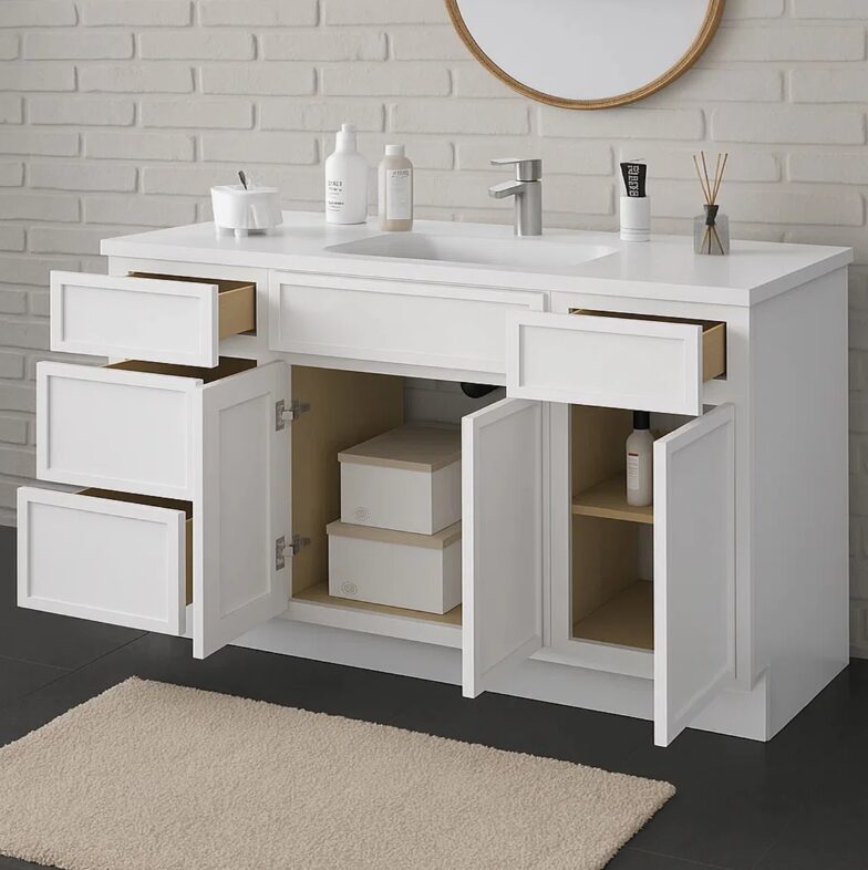 11 Bright White Double Sink Vanity Base Cabinet with Full Soft-Close Storage for Master Bath Renovation
