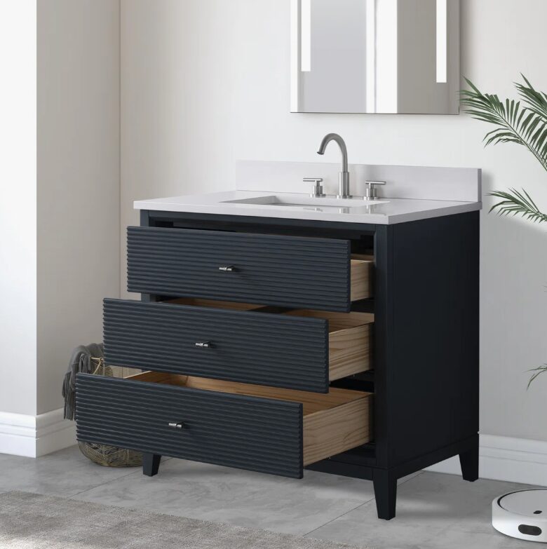 11 Large Storage Fluted Navy Bathroom Vanity with Full Soft-Close Solid Wood Drawers