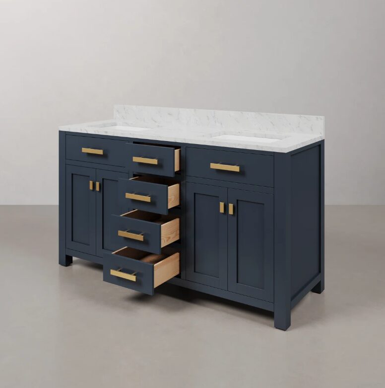 11 60 Inch Navy Blue Shaker Double Sink Bathroom Vanity, Carrara White Marble Top & Brushed Gold Hardware