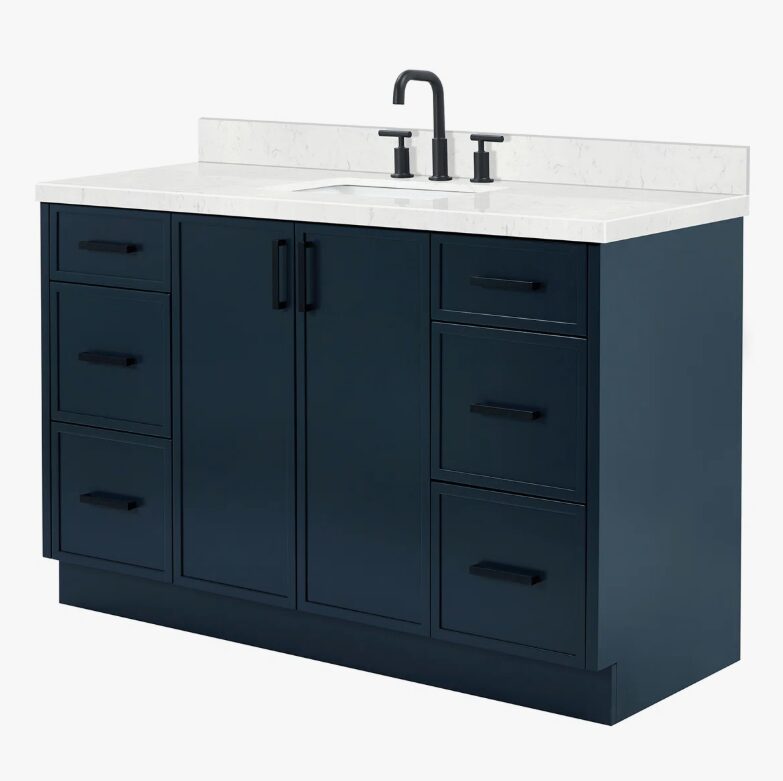 Modern Navy Bathroom Vanity Cabinet with Black Pulls & Spacious Soft-Close Storage