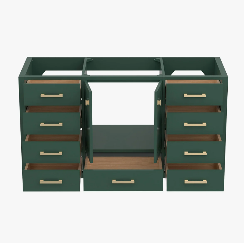 Luxury Dark Green Bathroom Vanity with Gold Pulls & Massive Soft-Close Storage