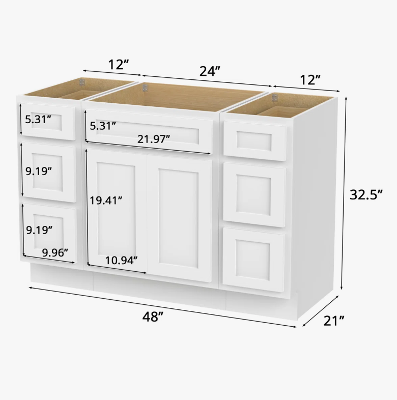 Bright White Shaker Vanity Base Cabinet with Spacious Silent Soft-Close Storage