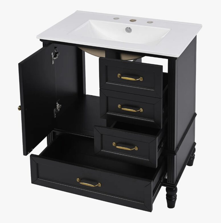 12 Vintage Traditional Black Bathroom Vanity Soft Close Drawers Large Split Storage Layout