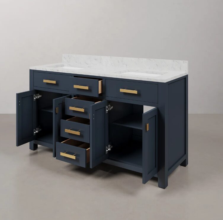 12 60 Inch Navy Blue Shaker Double Sink Bathroom Vanity, Carrara White Marble Top & Brushed Gold Hardware