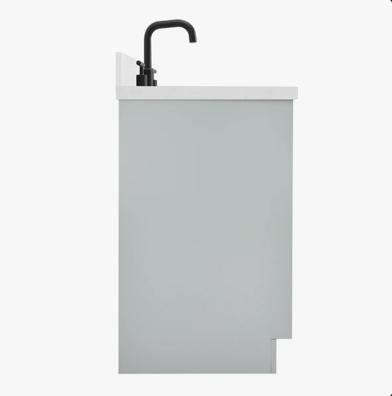 12 Modern Light Gray Bathroom Vanity with Black Pulls & Multi Compartment Soft-Close Storage