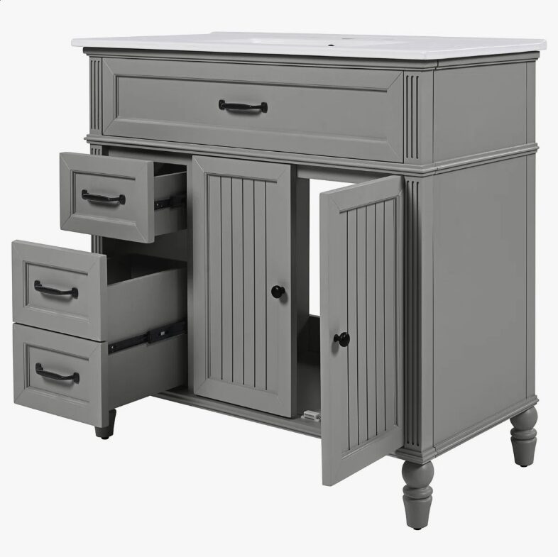 13 Cottage Style Grey Beadboard Bathroom Vanity Soft Close Drawers Split Organized Storage Layout