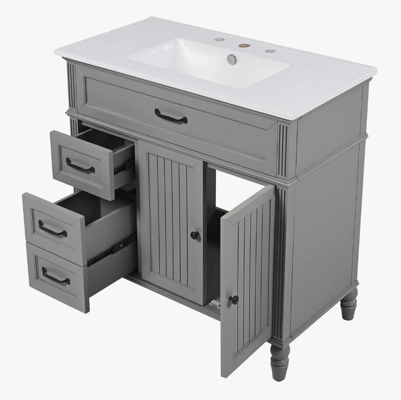 14 Cottage Style Grey Beadboard Bathroom Vanity Soft Close Drawers Split Organized Storage Layout