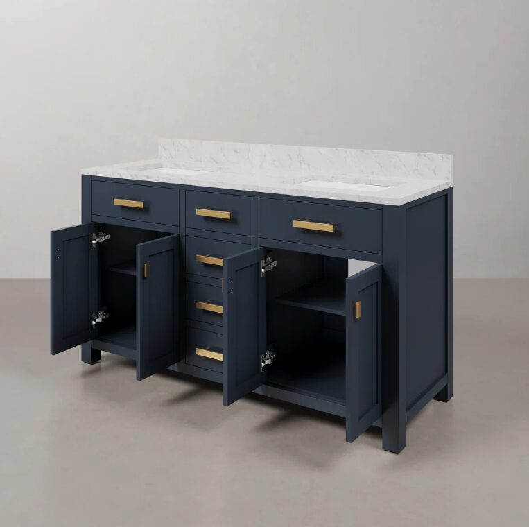 14 60 Inch Navy Blue Shaker Double Sink Bathroom Vanity, Carrara White Marble Top & Brushed Gold Hardware