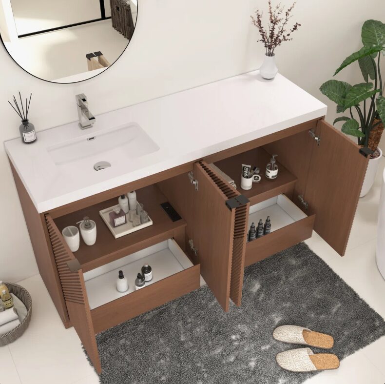 60 Inch Walnut Geometric Fluted Single Sink Floating Bathroom Vanity with Solid White Quartz Top