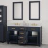 2 60 Inch Navy Blue Shaker Double Sink Bathroom Vanity, Carrara White Marble Top & Brushed Gold Hardware