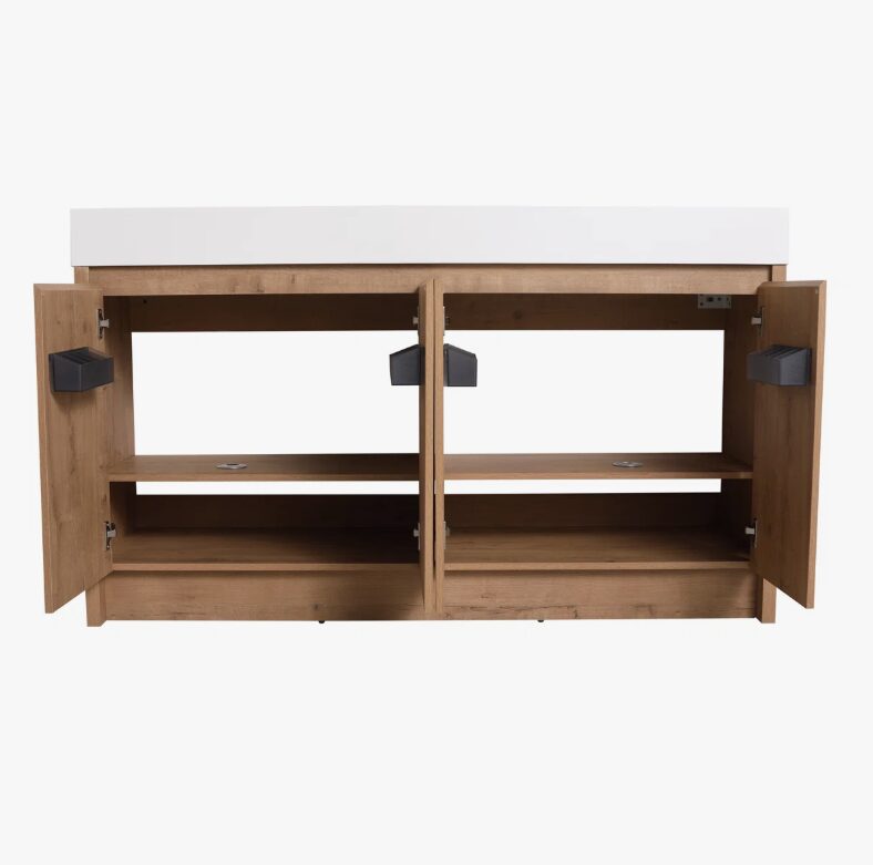 60 Inch Light Oak Freestanding Double Sink Bathroom Vanity, Integrated Solid White Quartz Countertop