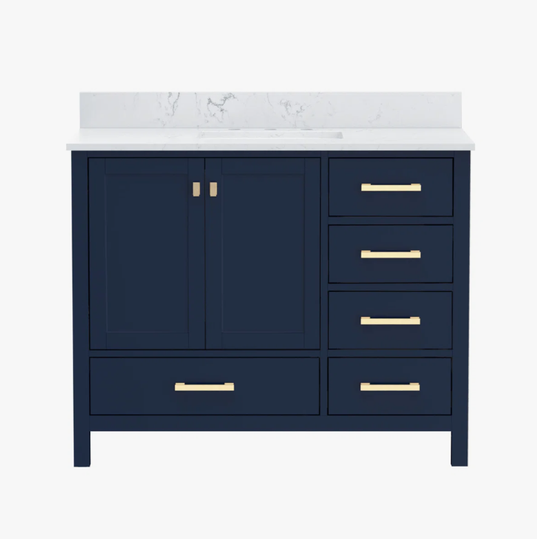 Upscale Navy Bathroom Vanity Cabinet with Gold Hardware & Ample Soft-Close Storage for Contemporary Bath Remodel