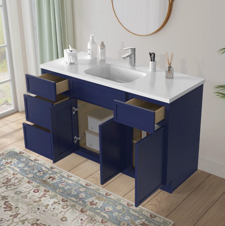 Spacious Navy Double Sink Vanity Base Cabinet with Full Soft-Close Storage for Master Bath Remodel