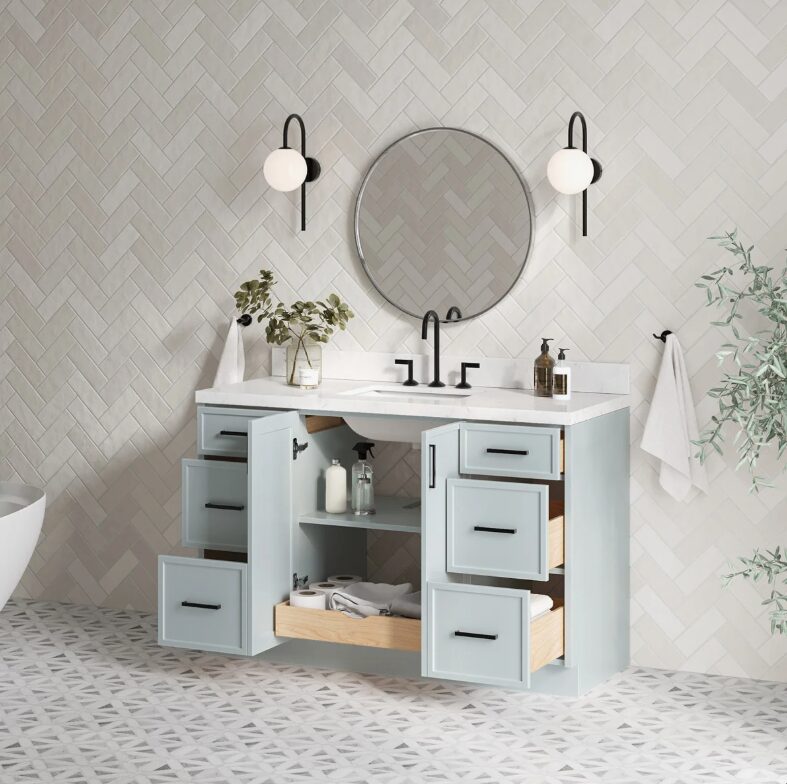 2 Modern Light Gray Bathroom Vanity with Black Pulls & Multi Compartment Soft-Close Storage