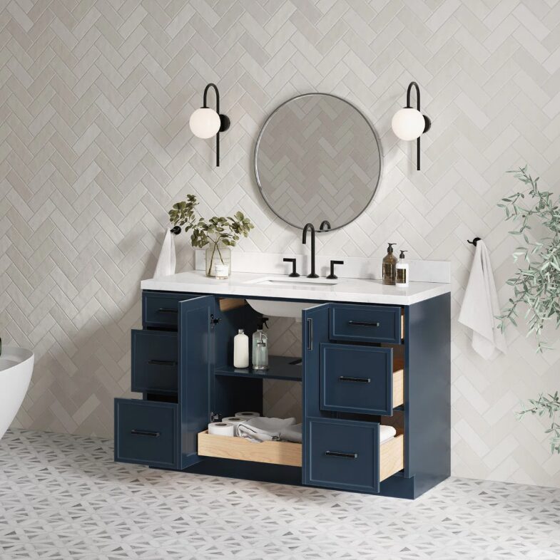 Modern Navy Bathroom Vanity Cabinet with Black Pulls & Spacious Soft-Close Storage