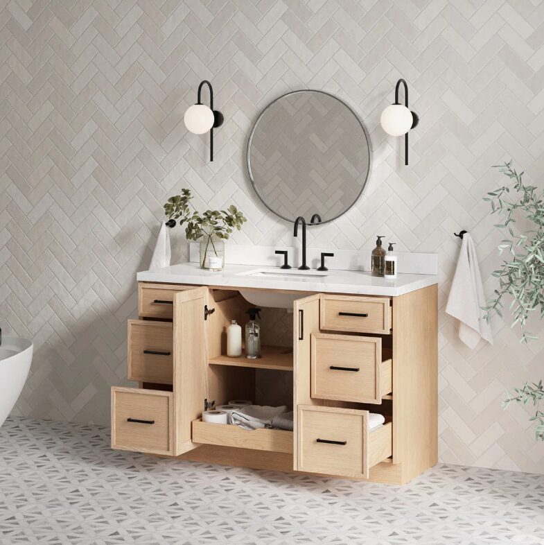 Natural Oak Bathroom Vanity Cabinet with Black Pulls & Large Soft-Close Storage