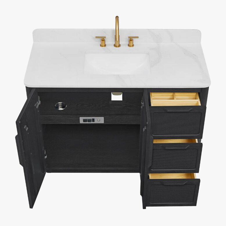 48" Black Rattan Complete Bathroom Vanity Set with Quartz Countertop