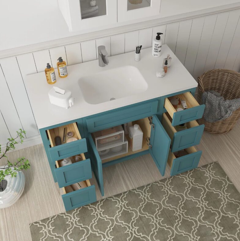 Vibrant Teal Shaker Vanity Base Cabinet with Large Silent Soft-Close Storage