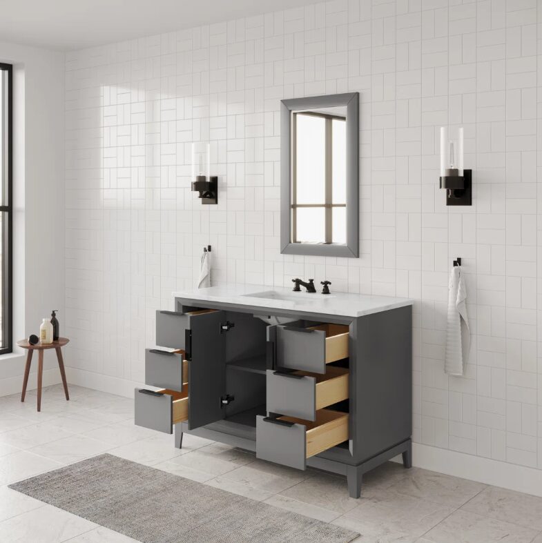 2 Sleek Gray Freestanding Bathroom Vanity with Large Soft-Close Storage & Marble Countertop