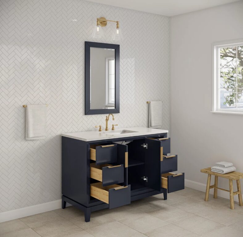2 Elegant Navy Bathroom Vanity with Gold Hardware, Large Soft-Close Storage & Marble Top