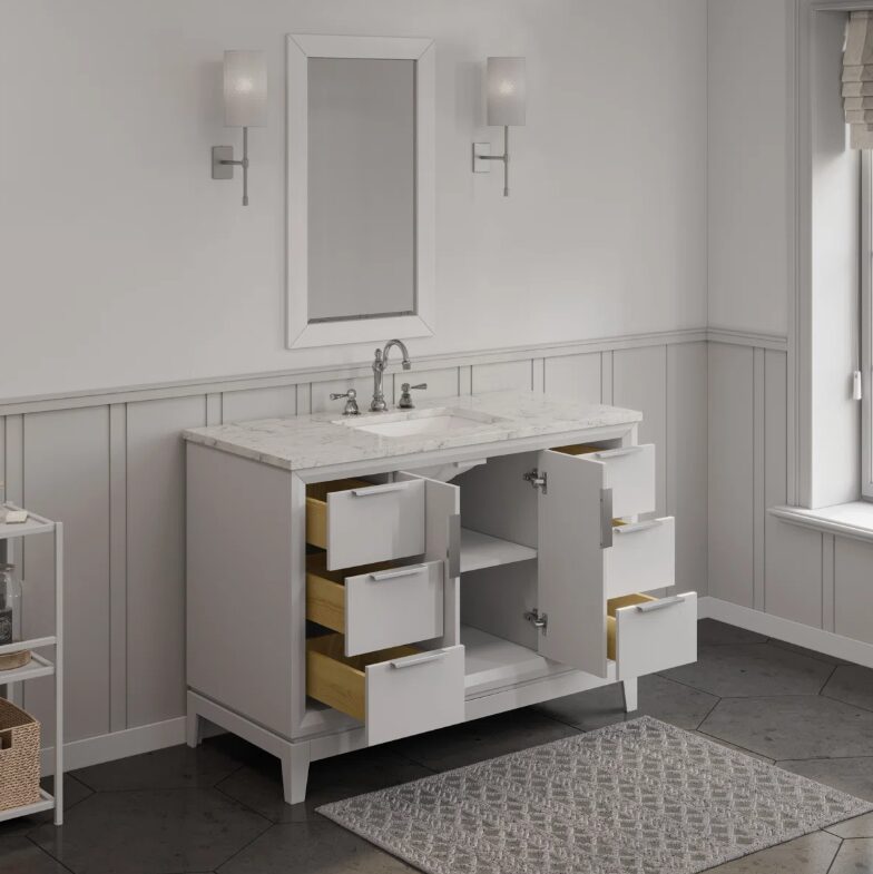 2 Minimalist White Bathroom Vanity with Silver Hardware, Spacious Soft-Close Storage & Marble Top