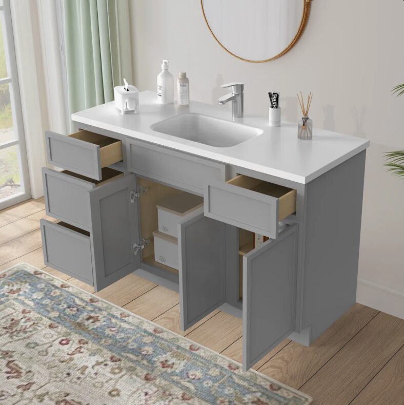 Neutral Light Gray Double Sink Vanity Base Cabinet with Full Soft-Close Storage for Master Bath Remodel