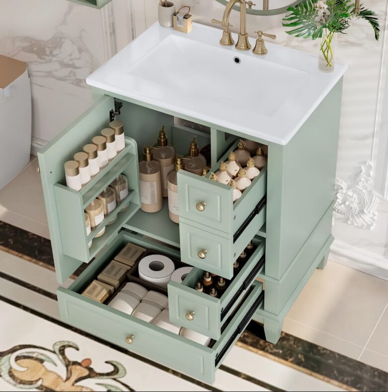 2 Large Organized Storage Sage Green Bathroom Vanity with Soft-Close Drawers & Door Rack