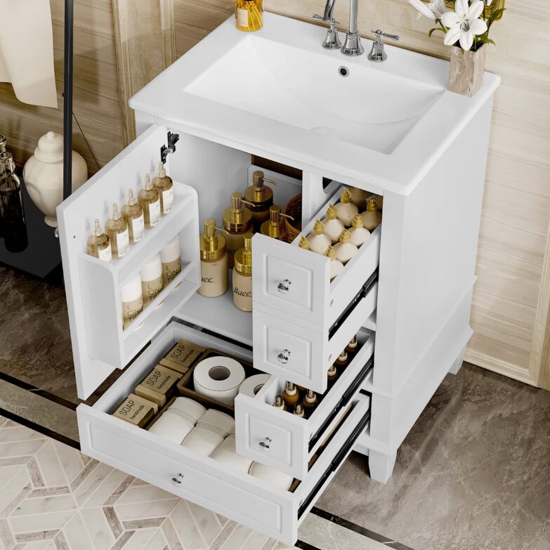 2 Organized Storage White Bathroom Vanity with Soft-Close Drawers & Door Storage Rack
