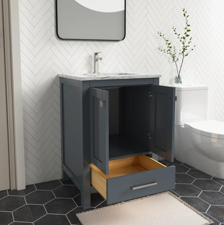2 Modern Shaker Dark Gray Bathroom Vanity with Double Doors & Large Wood Storage Drawer