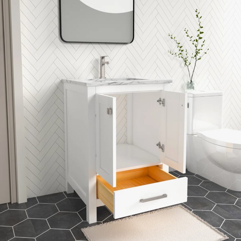 Minimalist White Bathroom Vanity with Double Soft-Close Doors & Large Storage Drawer