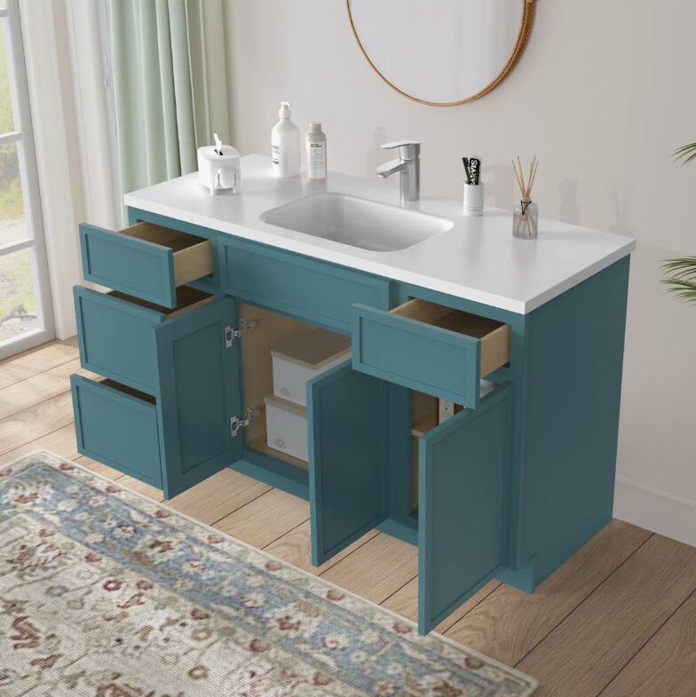 Vibrant Teal Double Sink Vanity Base Cabinet with Full Soft-Close Storage for Master Bath Remodel