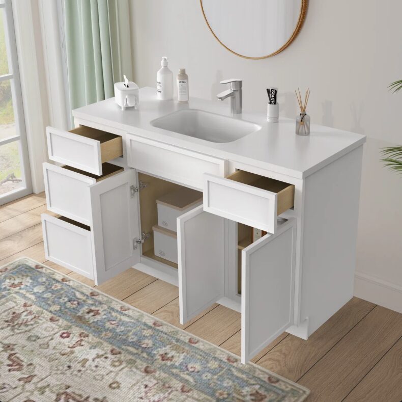2 Bright White Double Sink Vanity Base Cabinet with Full Soft-Close Storage for Master Bath Renovation
